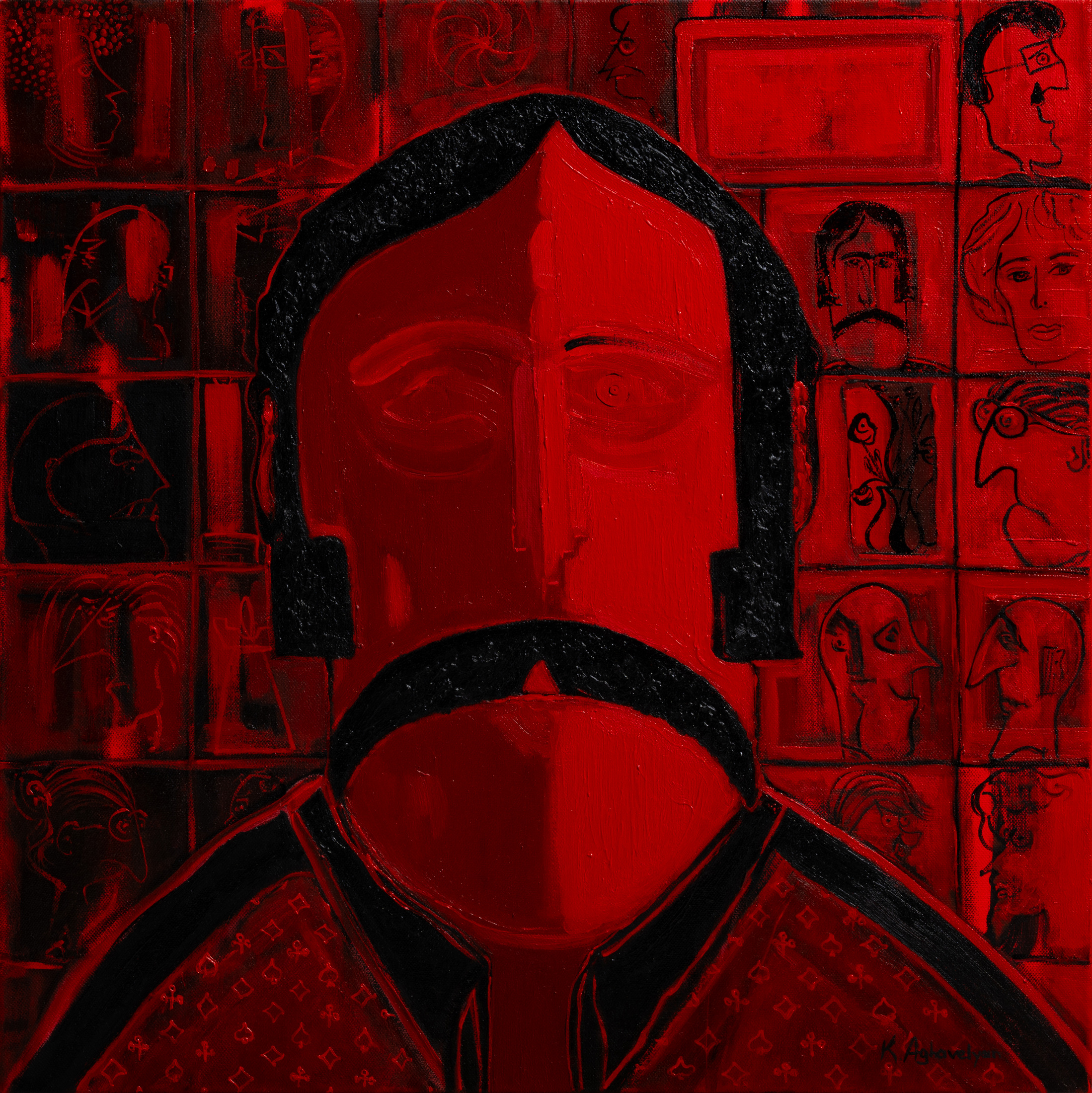 The Darkroom — oil painting by Karo Aghavelyan: a figure in headphones in a red darkroom surrounded by a grid of faces